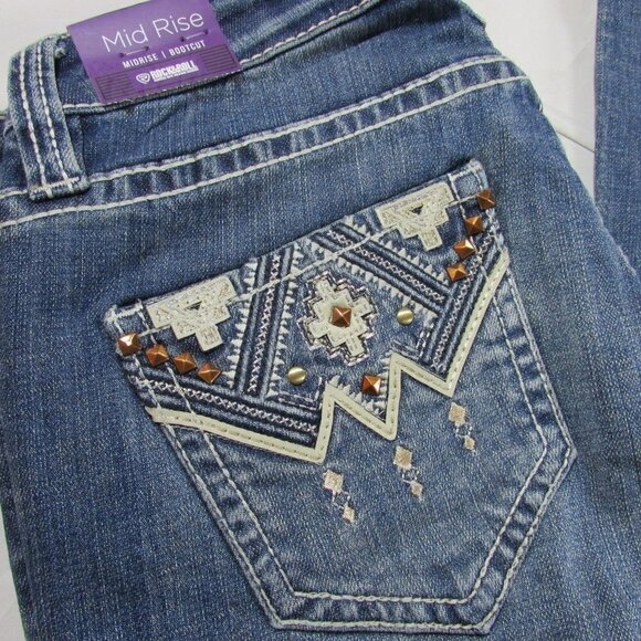 Rock & Roll Cowgirl Metallic Aztec Mid Rise Bootcut Jeans - Medium Vintage - Picture 4 of 6